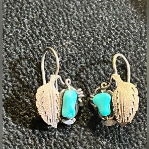 Turquoise Handmade Silver Leaf Drop Earrings from Armenia
